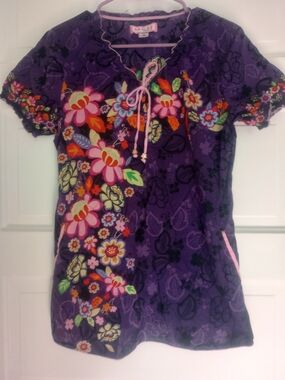 koi Purple Floral Print Uniform Top with Pink Trim